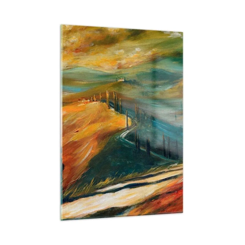 Obraz na szkle - Zachód słońca nad toskańskim wzgórzem - 50x70cm - Toskański pejzaż - Nowoczesna dekoracja ścienna do salonu, kuchni i sypialni ARTTOR