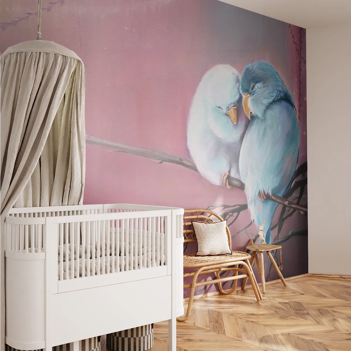 Fototapeta Premium Sand - Zakochane papużki na gałęzi na różowym tle - 100x70cm - Cóż tu dodać?… - Nowoczesna dekoracja ścienna do salonu, kuchni i sypialni ARTTOR