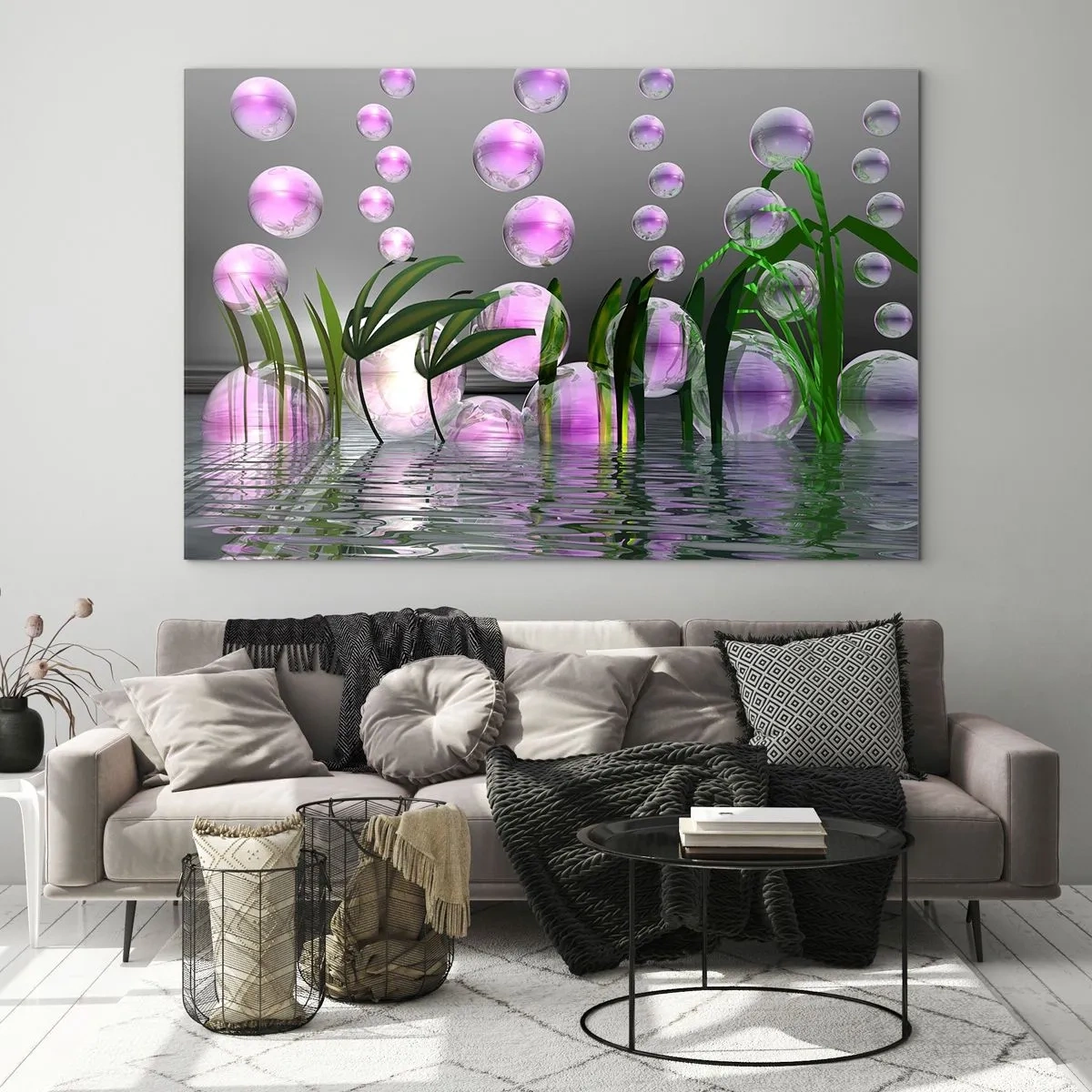 Obraz na szkle - Fioletowe bańki unoszące się nad wodą z roślinami - 70x50cm - Refleksyjna kompozycja lekkości i życia - Nowoczesna dekoracja ścienna do salonu i sypialni ARTTOR