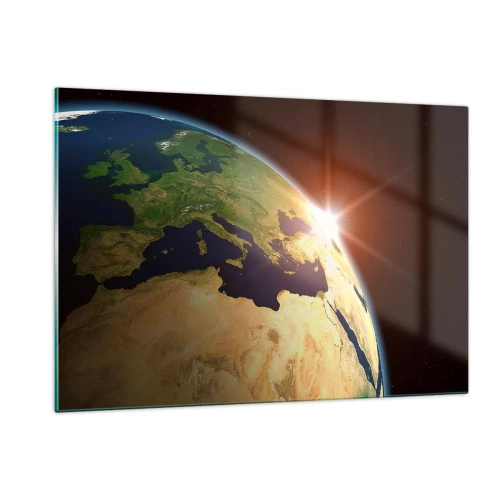 Obraz na szkle - Ziemia oświetlona wschodzącym słońcem z kosmosu - 120x80cm - Wschód słońca - Nowoczesna dekoracja ścienna do salonu, kuchni i sypialni ARTTOR