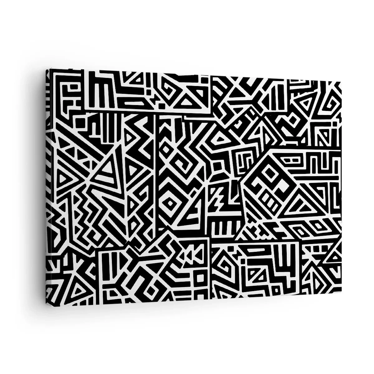 Obraz na płótnie - Czarno-białe geometryczne wzory inspirowane kulturą prekolumbijską - 70x50cm - Kompozycja prekolumbijska - Nowoczesna dekoracja ścienna do salonu i sypialni ARTTOR