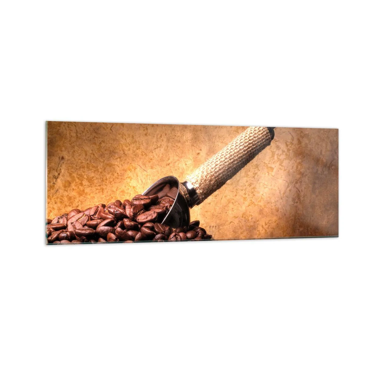 Obraz na szkle - Ziarna kawy w worku jutowym z metalową łyżką - 140x50cm - U źródeł smaku - Nowoczesna dekoracja ścienna do salonu i sypialni ARTTOR