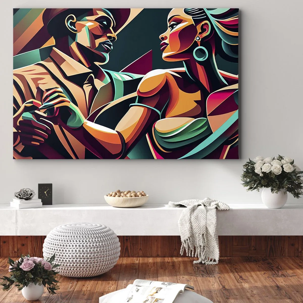 Obraz na płótnie - Stylizowana para tańcząca w żywych, geometrycznych barwach - 70x50cm - W rytmie serca - Nowoczesna dekoracja ścienna do salonu i sypialni ARTTOR