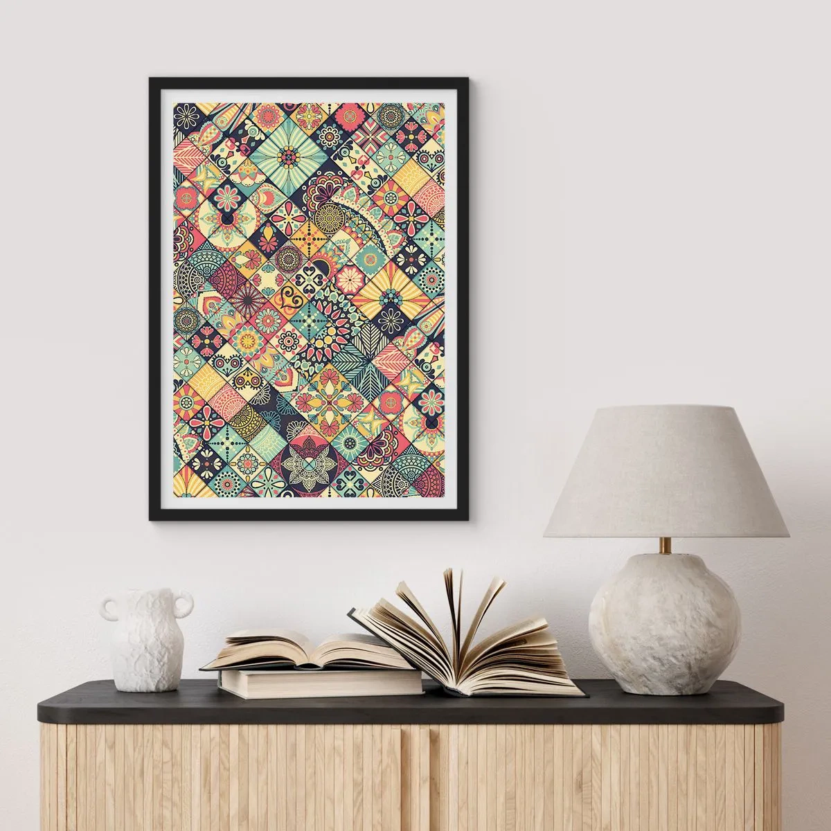 Plakat w czarnej ramie - Kolorowy wzór w stylu mozaiki - 50x70cm - Marokańskie klimaty - Nowoczesna dekoracja ścienna do salonu i sypialni ARTTOR
