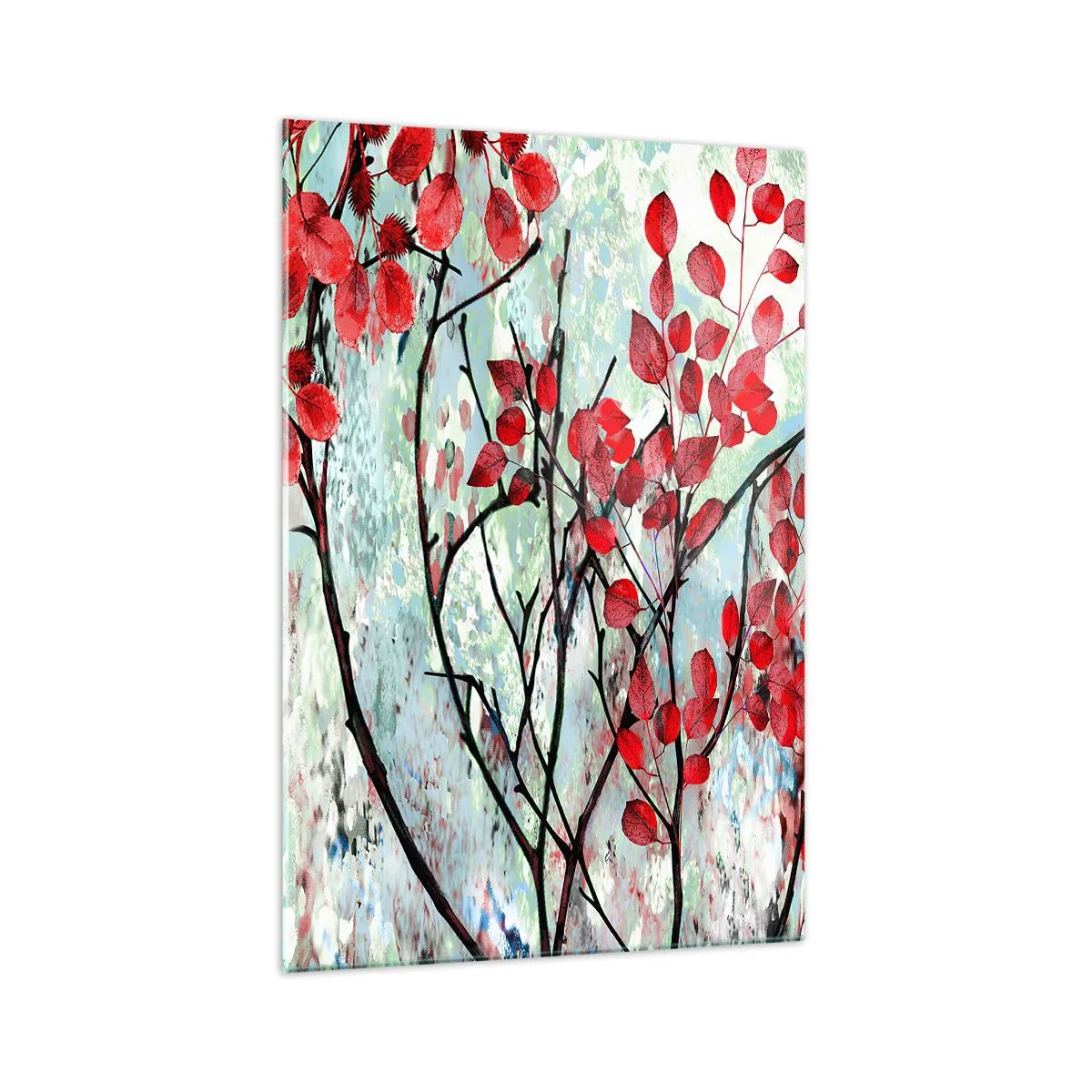 Obraz na szkle - Czerwone liście na tle jasnego nieba z abstrakcyjnymi wzorami - 70x100cm - Drzewo w szkarłacie - Nowoczesna dekoracja ścienna do salonu i sypialni ARTTOR
