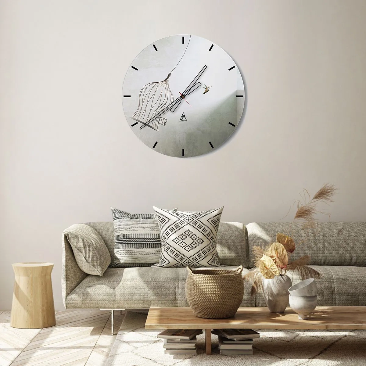 Zegar ścienny - Ptak opuszczający klatkę na jasnym tle - 30x30cm - W swoim żywiole - Nowoczesna dekoracja ścienna do salonu, kuchni i sypialni ARTTOR