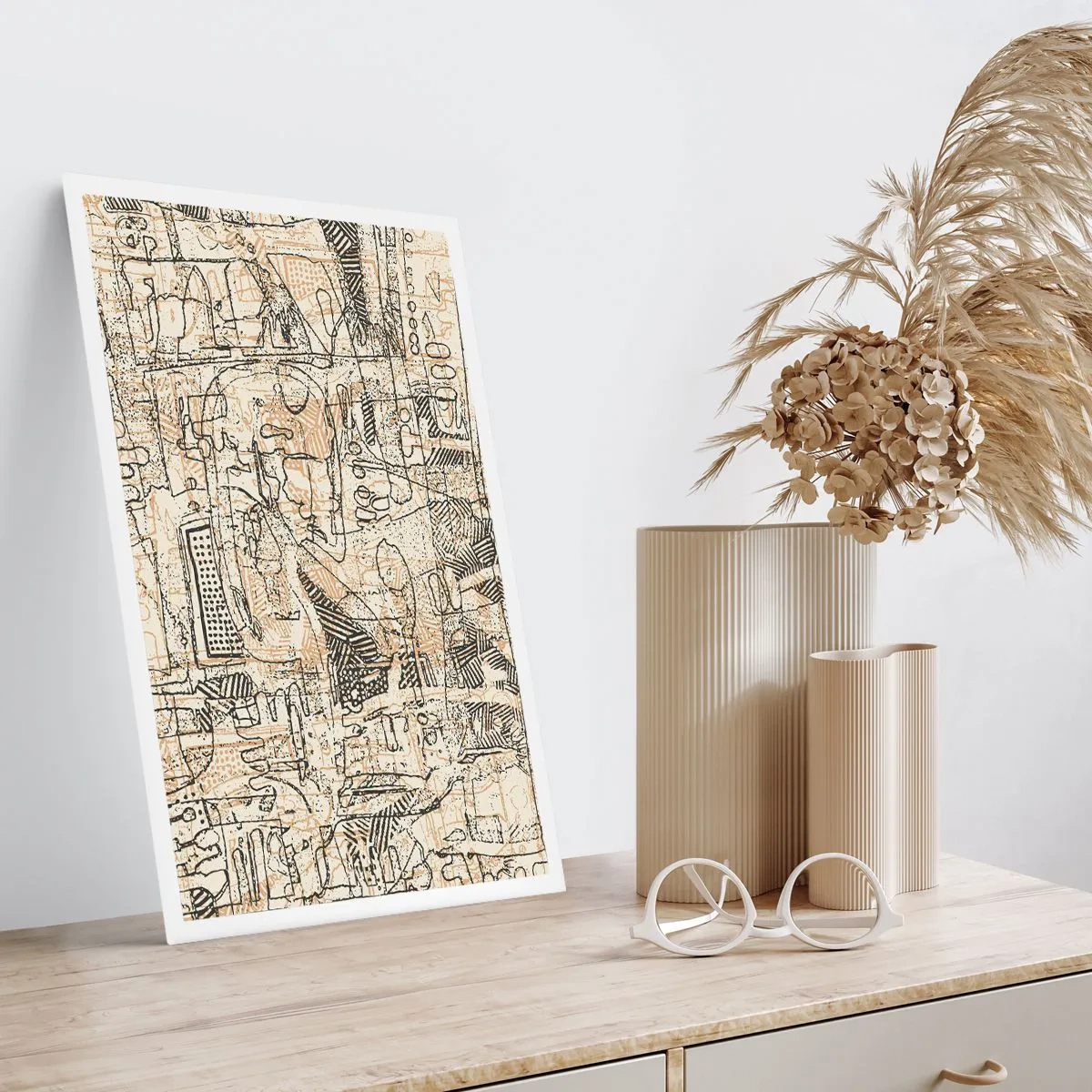 Plakat - Abstrakcyjny wzór geometryczny w odcieniach beżu i czerni - 50x70cm - Czeka na rozszyfrowanie - Nowoczesna dekoracja ścienna do salonu, kuchni i sypialni ARTTOR