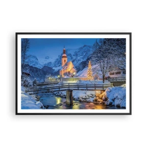 Plakat w czarnej ramie - Zimowy krajobraz z kościołem, mostem i górami o zmierzchu - 100x70cm - Duch Świąt - Nowoczesna dekoracja ścienna do salonu i sypialni ARTTOR
