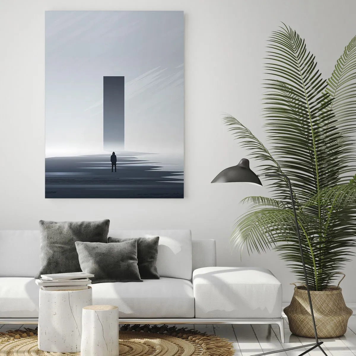 Obraz na szkle - Minimalistyczny pejzaż z sylwetką przy prostokątnym monolicie - 70x100cm - Szansa czy zagrożenie? - Nowoczesna dekoracja ścienna do salonu i sypialni ARTTOR
