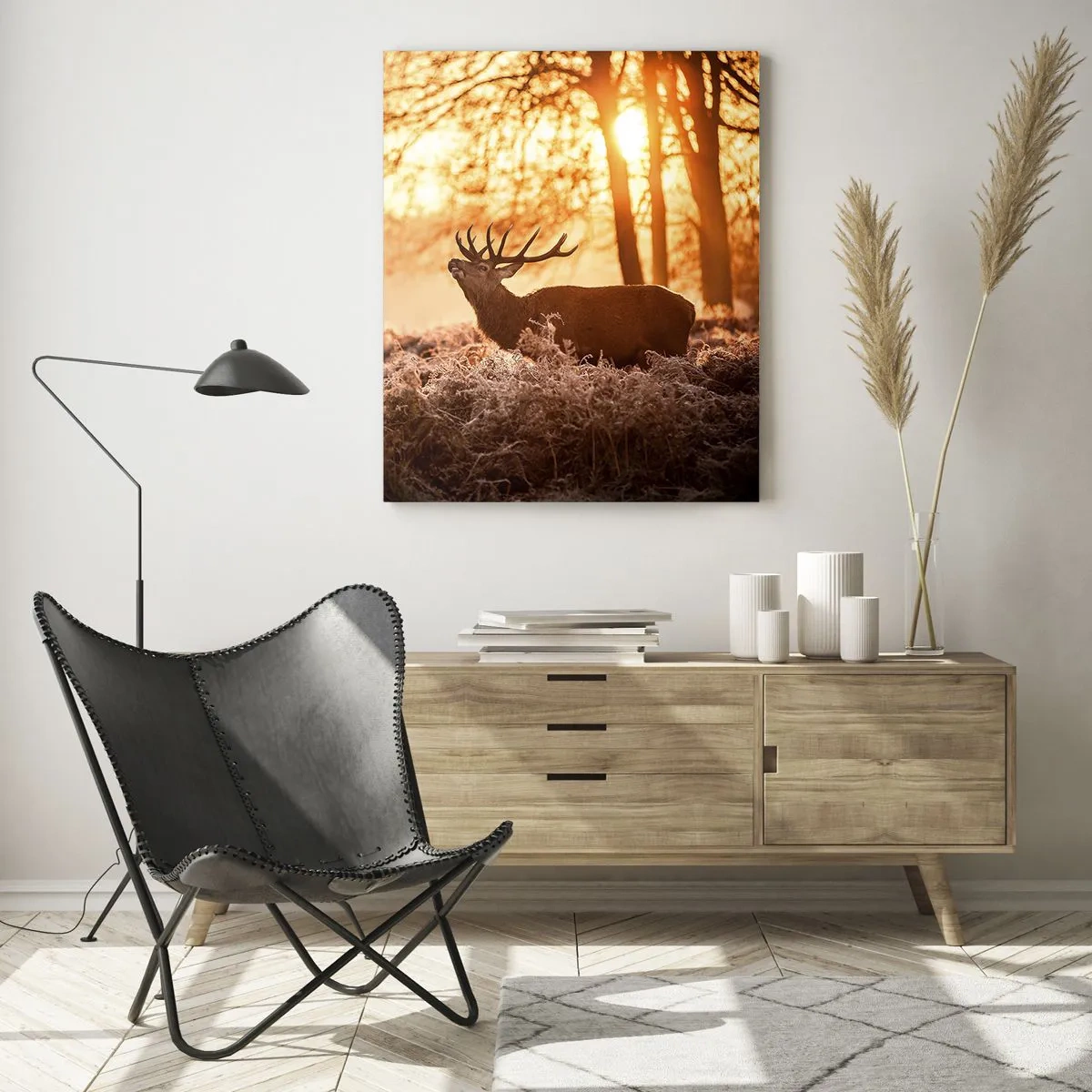 Obraz na szkle - Dwa jelenie w leśnej scenerii o wschodzie słońca - 50x70cm - Marzenie myśliwego - Nowoczesna dekoracja ścienna do salonu, kuchni i sypialni ARTTOR