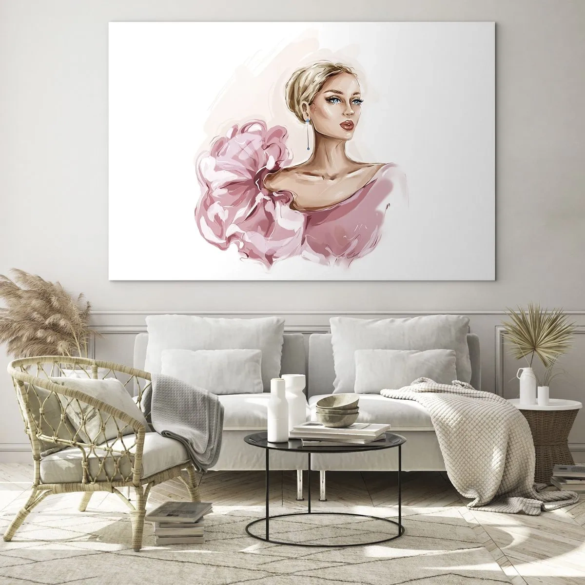 Obraz na szkle - Stylizowany portret kobiety w różowej sukni - 70x50cm - Jak malowana… - Nowoczesna dekoracja ścienna do salonu i sypialni ARTTOR