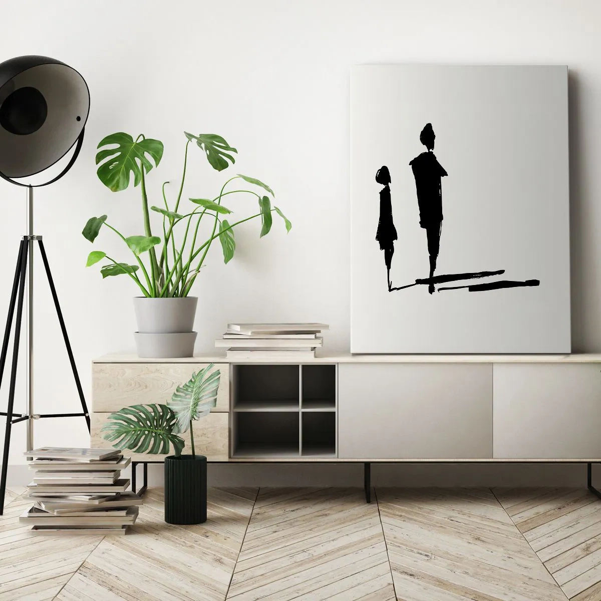 Obraz na płótnie - Abstrakcyjna kompozycja dwóch postaci w czerni - 50x70cm - Na pewno razem? - Nowoczesna dekoracja ścienna do salonu, kuchni i sypialni ARTTOR