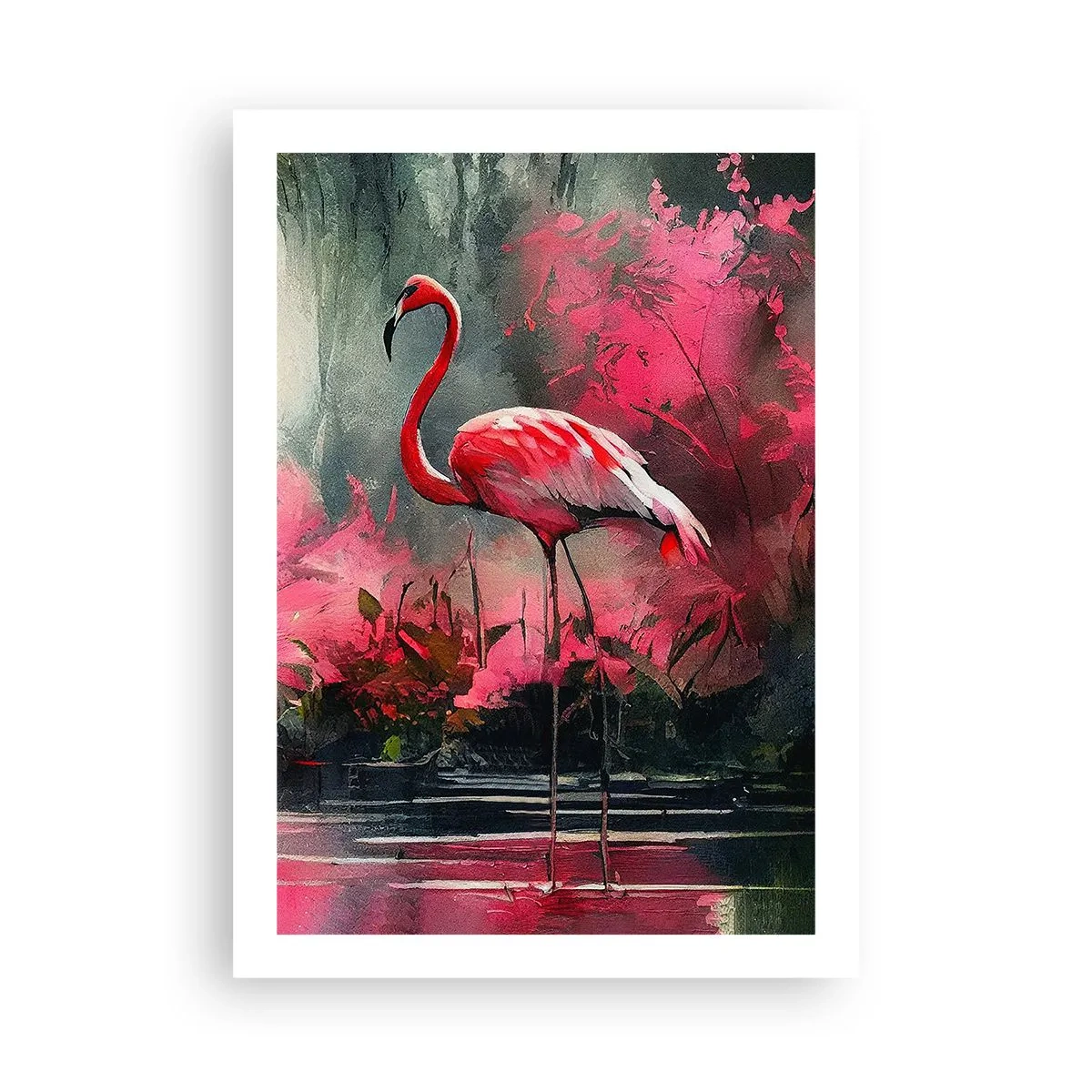 Plakat - Flaming w otoczeniu różowej roślinności nad wodą - 50x70cm - Lekcja naturalnego wdzięku - Nowoczesna dekoracja ścienna do salonu, kuchni i sypialni ARTTOR