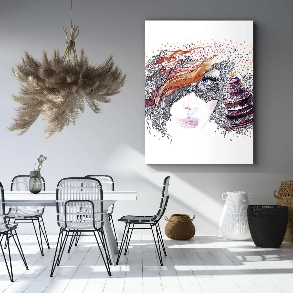 Obraz na płótnie - Kobieta z kolorowym, artystycznym tłem, z wyrazistymi oczami - 50x70cm - Z nią codziennie jest święto - Nowoczesna dekoracja ścienna do salonu, kuchni i sypialni ARTTOR