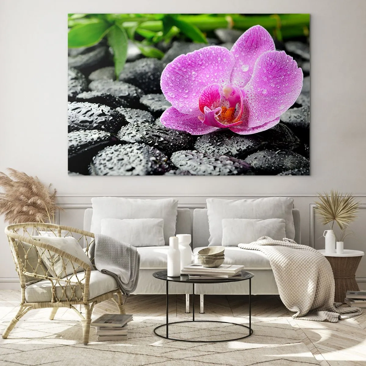 Obraz na szkle - Różowy kwiat orchidei na mokrych czarnych kamieniach - 100x70cm - Jak otwarte serce - Nowoczesna dekoracja ścienna do salonu, kuchni i sypialni ARTTOR