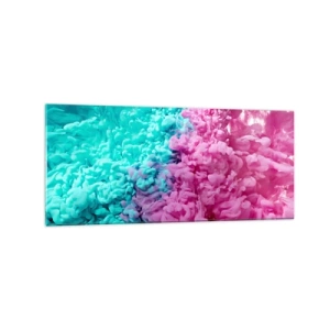Obraz na szkle - Kolorowe fale turkusu i różu w abstrakcyjnej formie - 120x50cm - Decydujące starcie - Nowoczesna dekoracja ścienna do salonu i sypialni ARTTOR