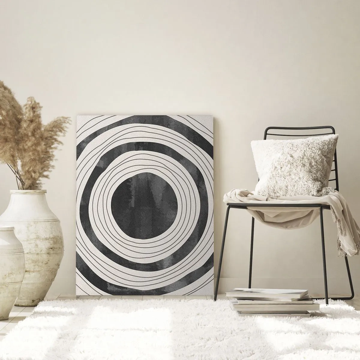Obraz na szkle - Czarno-białe koncentryczne okręgi na jasnym tle - 80x120cm - W samo sedno - Nowoczesna dekoracja ścienna do salonu i sypialni ARTTOR