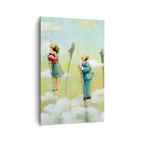 Obraz na płótnie - Postacie wspinające się po drabinach wśród chmur na pastelowym tle - 80x120cm - Za swoim marzeniem - Nowoczesna dekoracja ścienna do salonu i sypialni ARTTOR