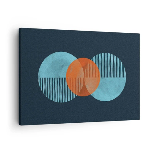 Obraz na płótnie - Geometryczne koła w odcieniach niebieskiego i pomarańczowego - 70x50cm - Kompozycja symetryczna - Nowoczesna dekoracja ścienna do salonu i sypialni ARTTOR