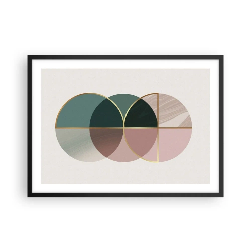 Plakat w czarnej ramie - Abstrakcyjna kompozycja geometrycznych kształtów i złotych linii - 70x50cm - Koło za kołem… - Nowoczesna dekoracja ścienna do salonu i sypialni ARTTOR