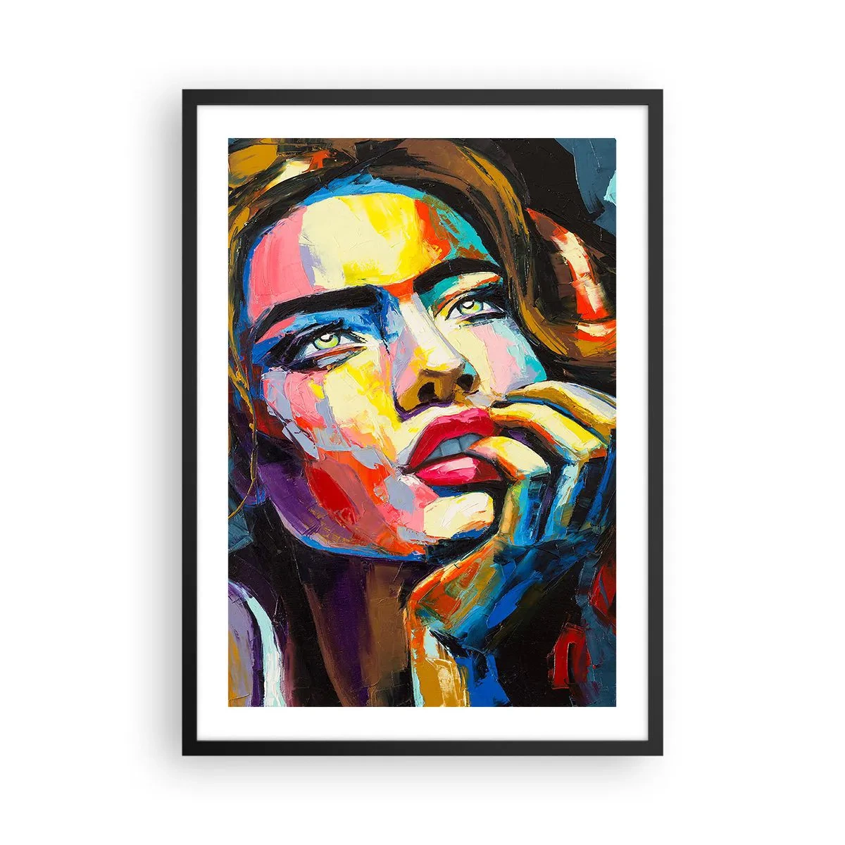 Plakat w czarnej ramie - Wyrazisty kolorowy portret kobiety w stylu ekspresyjnym - 50x70cm - Marzenia jak ptaki szybują po niebie - Nowoczesna dekoracja ścienna do salonu i sypialni ARTTOR