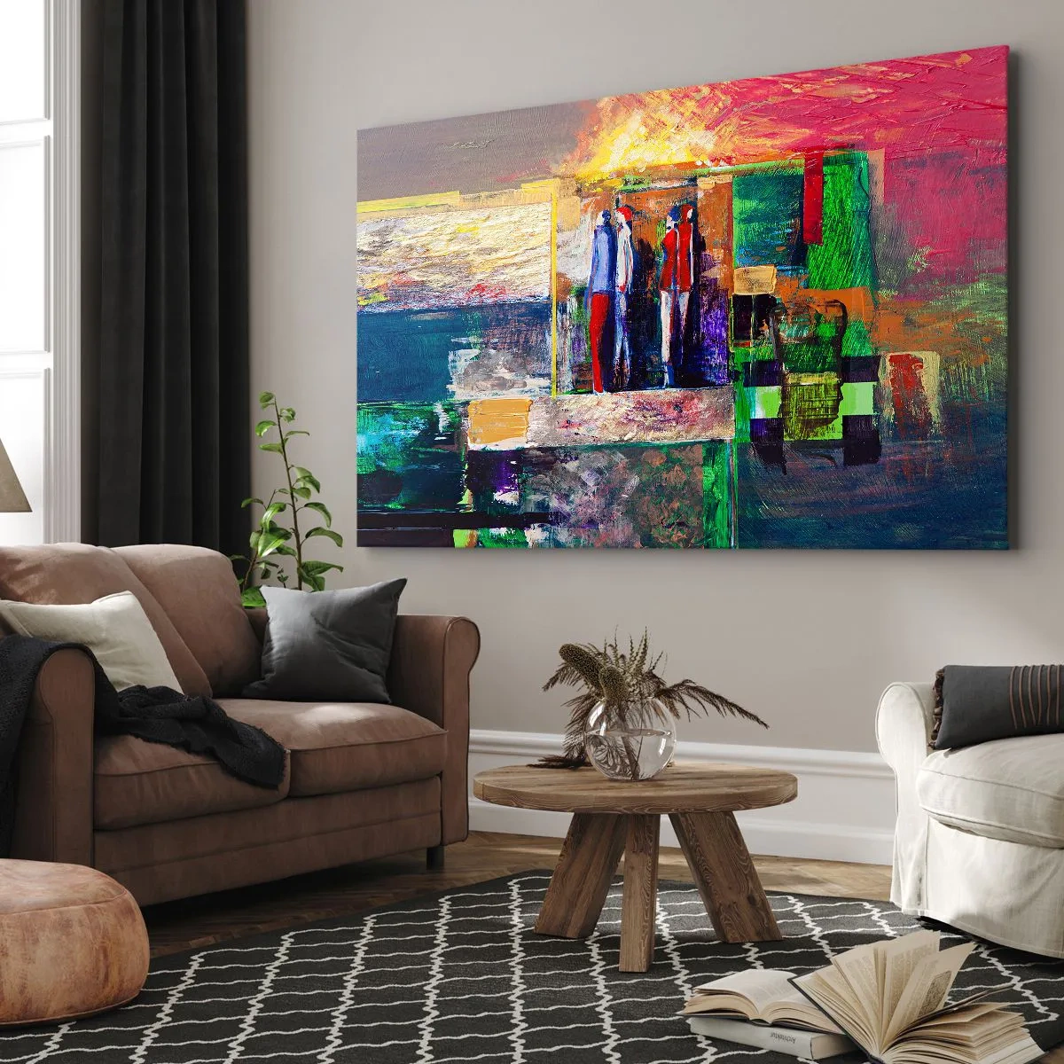 Obraz na płótnie - Abstrakcyjna kompozycja z postaciami i geometrycznymi wzorami - 70x50cm - Relacje i emocje - Nowoczesna dekoracja ścienna do salonu i sypialni ARTTOR