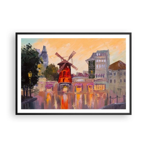 Plakat w czarnej ramie - Czerwony wiatrak Moulin Rouge otoczony miejskim pejzażem - 100x70cm - Paryskie ikony – Moulin Rouge - Nowoczesna dekoracja ścienna do salonu i sypialni ARTTOR