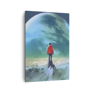 Obraz na płótnie - Człowiek w czerwonej kurtce stojący przed wielką planetą na tle gwiazd - 70x100cm - Odkrywca nowej ziemi - Nowoczesna dekoracja ścienna do salonu i sypialni ARTTOR