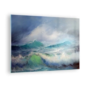 Obraz na szkle - Wzburzone fale oceanu z ptakami na pochmurnym niebie - 70x50cm - "Wicher z tryumfem zawył…' - Nowoczesna dekoracja ścienna do salonu i sypialni ARTTOR