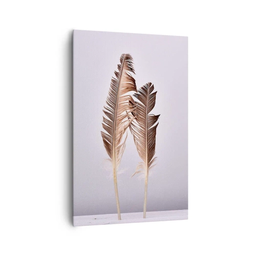 Obraz na płótnie - Delikatne pióra na jasnym tle w minimalistycznym stylu - 80x120cm - Przeciw nicości - Nowoczesna dekoracja ścienna do salonu i sypialni ARTTOR