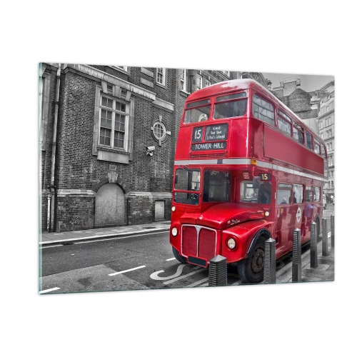 Obraz na szkle - Czerwony londyński autobus na czarno-białym tle ulicy - 120x80cm - Zawsze taki sam - Nowoczesna dekoracja ścienna do salonu, kuchni i sypialni ARTTOR