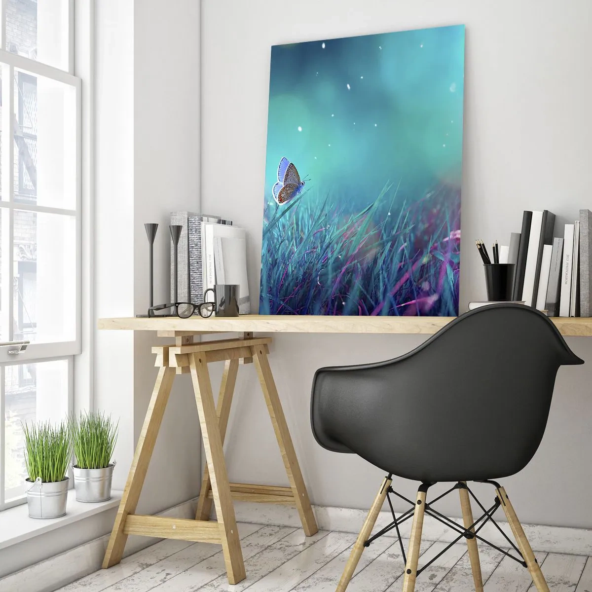 Obraz na szkle - Motyl na trawie w świetle pastelowych kolorów - 50x70cm - Sekretne życie łąki - Nowoczesna dekoracja ścienna do salonu, kuchni i sypialni ARTTOR