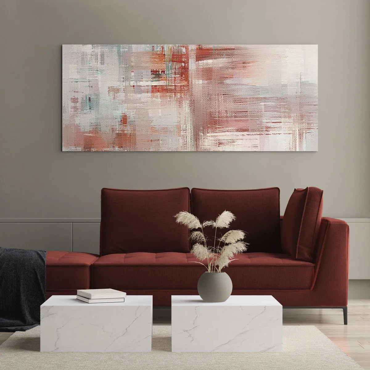 Obraz na szkle - Abstrakcyjna kompozycja z odcieniami czerwieni i pastelowych barw - 160x50cm - Zamglone. Ale różowe - Nowoczesna dekoracja ścienna do salonu i sypialni ARTTOR