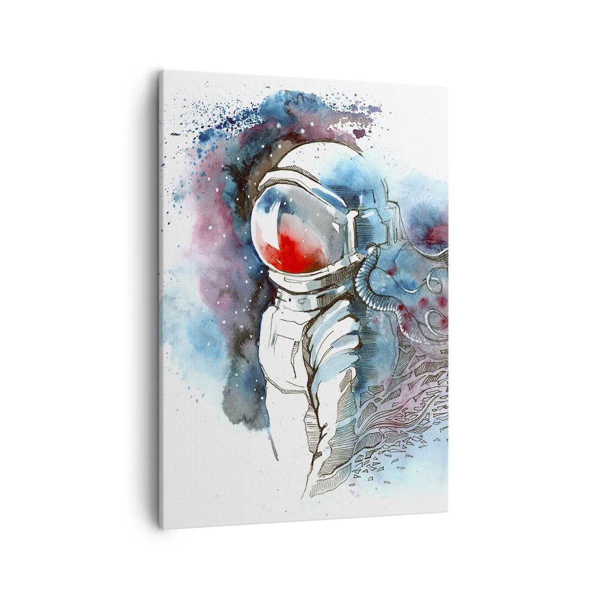 Obraz na płótnie - Astronauta w przestrzeni kosmicznej, malowany akwarelą z intensywnymi odcieniami niebieskiego, czerwonego i czarnego - 50x70cm - Sam na sam z kosmosem - Nowoczesna dekoracja ścienna do salonu, kuchni i sypialni ARTTOR