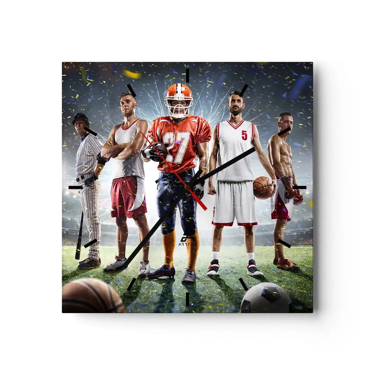 Zegar ścienny - Dynamiczna scena sportowców różnych dyscyplin na stadionie w świetle reflektorów - 30x30cm - Gladiatorzy boisk - Nowoczesna dekoracja ścienna do salonu i sypialni ARTTOR