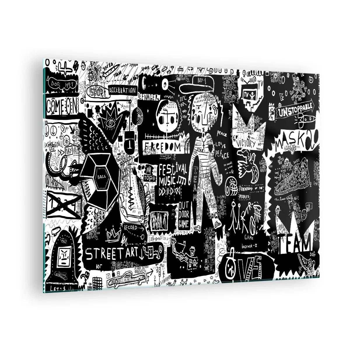 Obraz na szkle - Czarno-biała grafika w stylu street art z postaciami i symbolami - 70x50cm - Duchowej młodości prawa i radości - Nowoczesna dekoracja ścienna do salonu i sypialni ARTTOR