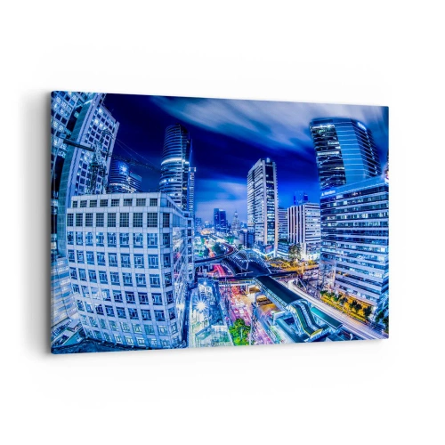 Obraz na płótnie - Nocna panorama miasta z drapaczami chmur i światłami ulic - 100x70cm - Rytmy nocnego miasta - Nowoczesna dekoracja ścienna do salonu, kuchni i sypialni ARTTOR