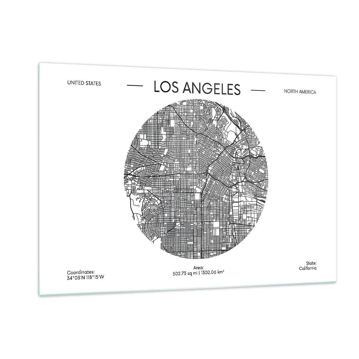 Obraz na szkle - Czarno-biała mapa Los Angeles w stylu minimalistycznym - 120x80cm - Anatomia Los Angeles - Nowoczesna dekoracja ścienna do salonu, kuchni i sypialni ARTTOR