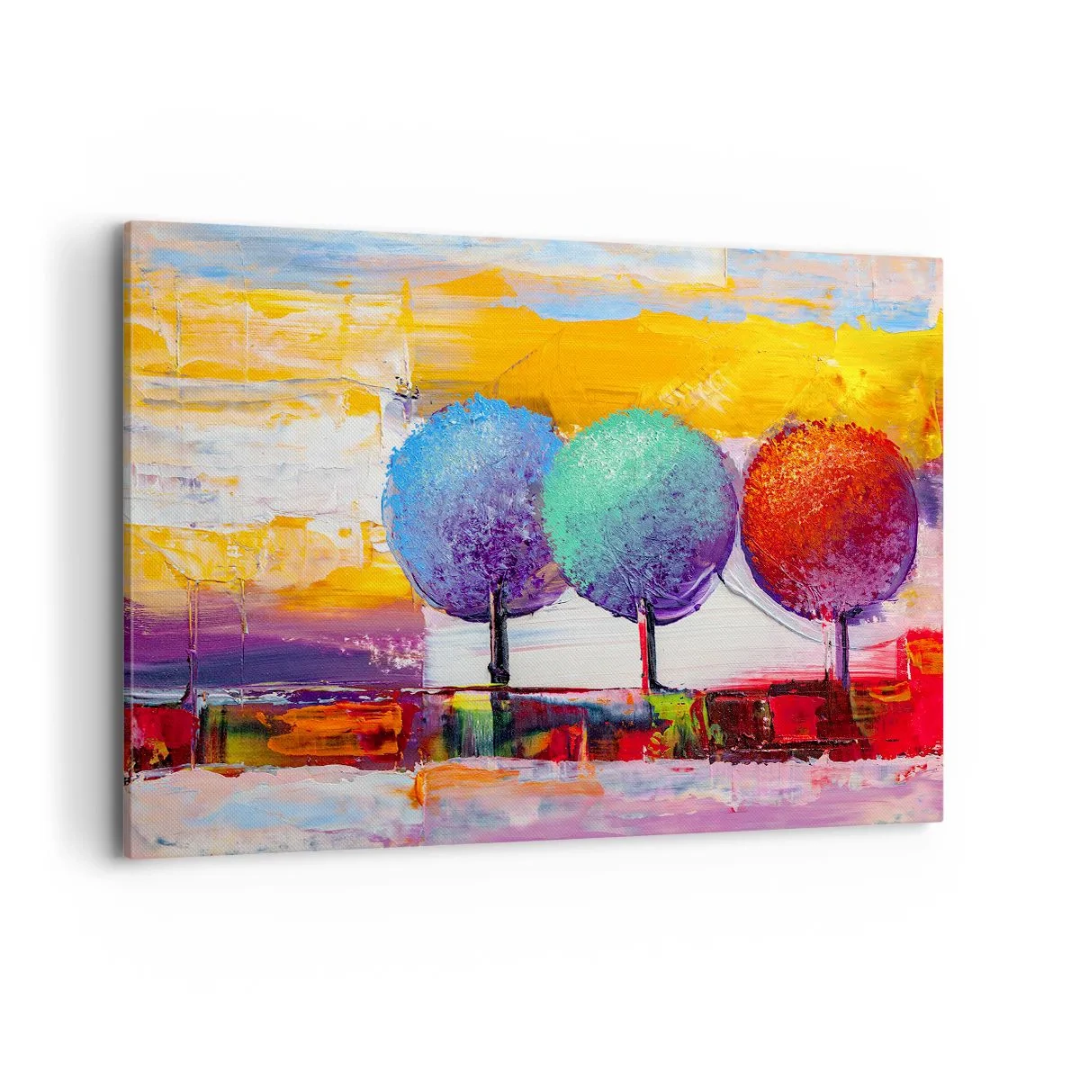 Obraz na płótnie - Trzy kolorowe drzewa na abstrakcyjnym tle - 120x80cm - Do trzech razy sztuka - Nowoczesna dekoracja ścienna do salonu, kuchni i sypialni ARTTOR