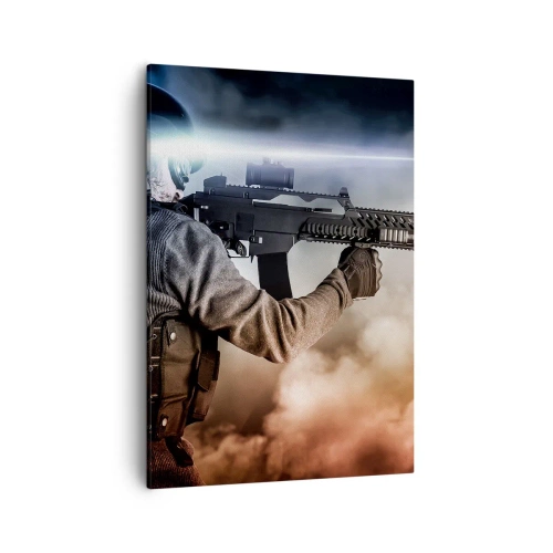 Obraz na płótnie - Żołnierz z bronią w dynamicznej pozycji w tle z mgłą - 50x70cm - Po prostu bohater - Nowoczesna dekoracja ścienna do salonu, kuchni i sypialni ARTTOR