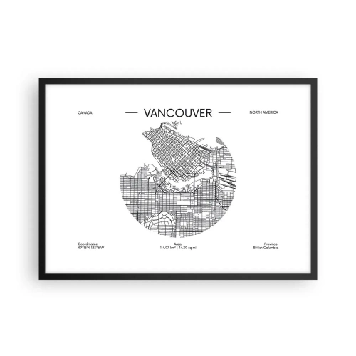 Plakat w czarnej ramie - Mapa Vancouver w minimalistycznym, czarno-białym stylu - 70x50cm - Anatomia Vancouver - Nowoczesna dekoracja ścienna do salonu i sypialni ARTTOR