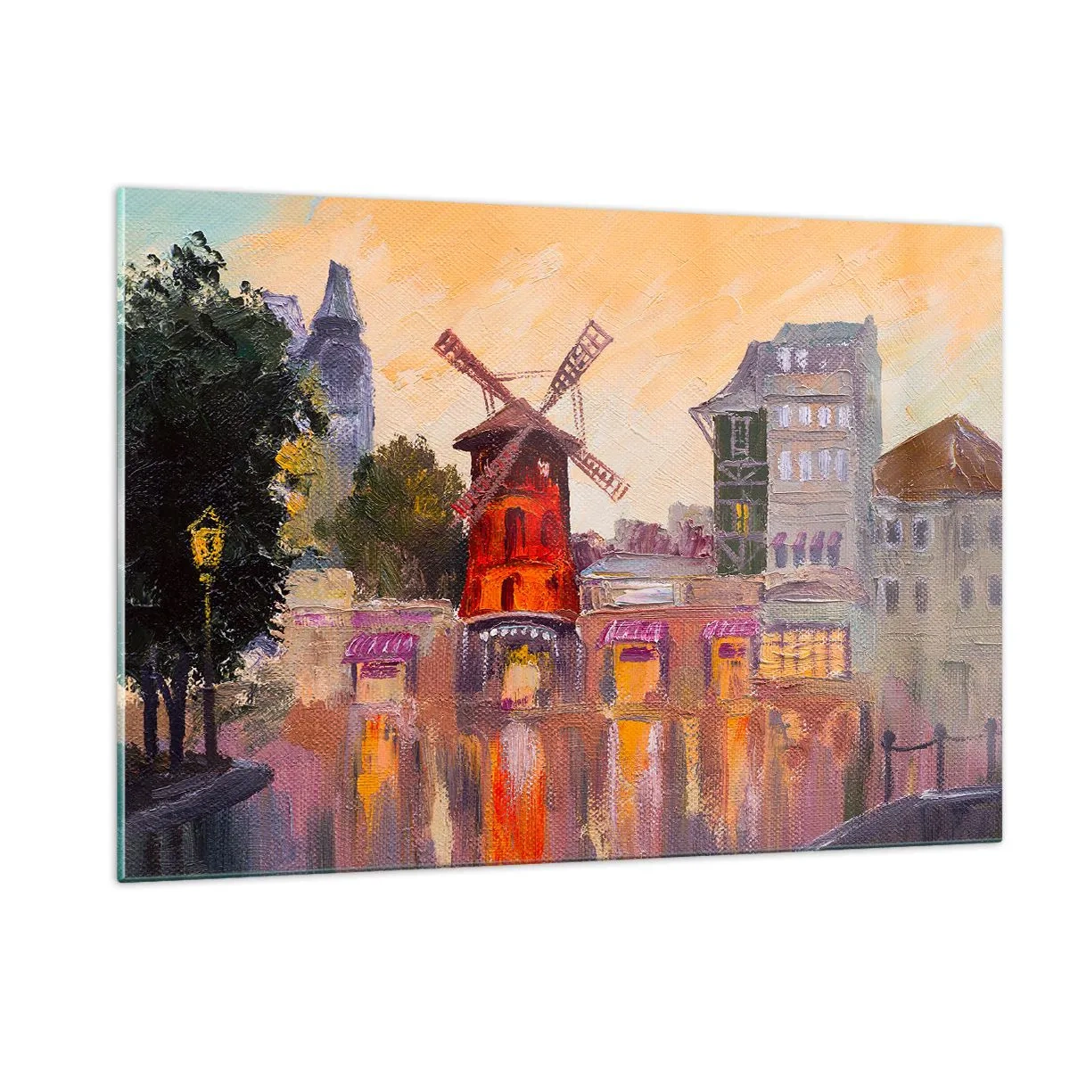 Obraz na szkle - Czerwony wiatrak Moulin Rouge wśród paryskich kamienic - 120x80cm - Paryskie ikony – Moulin Rouge - Nowoczesna dekoracja ścienna do salonu, kuchni i sypialni ARTTOR