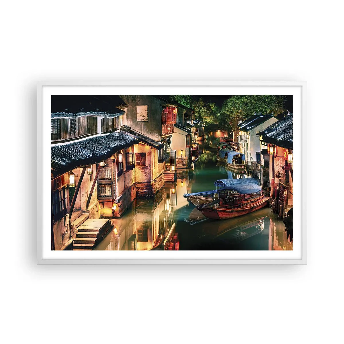 Plakat w białej ramie - Wieczór na chińskiej ulicy - 91x61 cm