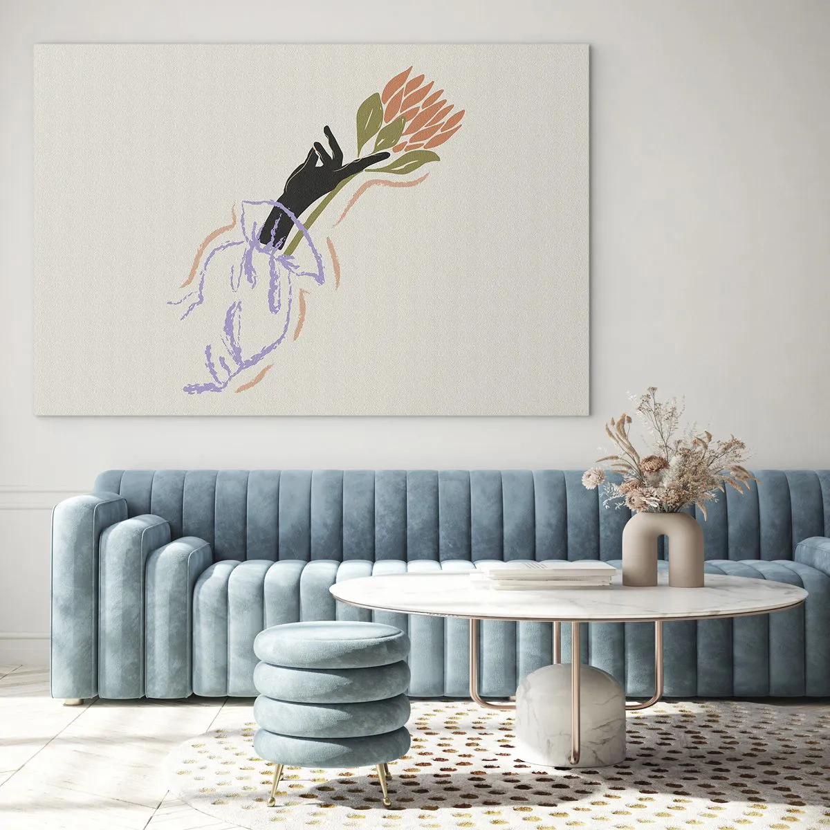 Obraz na szkle - Stylizowana dłoń z bukietem kwiatów narysowana pastelowymi liniami - 100x70cm - Siostrzany dotyk - Nowoczesna dekoracja ścienna do salonu, kuchni i sypialni ARTTOR