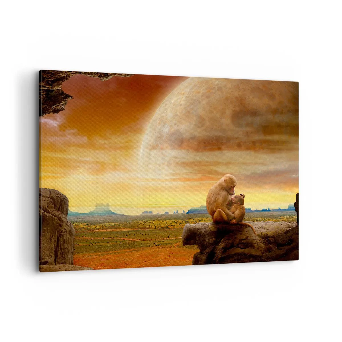 Obraz na płótnie - Małpy siedzące na skale w surrealistycznym krajobrazie z wielką planetą - 100x70cm - Miłość wszędzie ta sama - Nowoczesna dekoracja ścienna do salonu, kuchni i sypialni ARTTOR