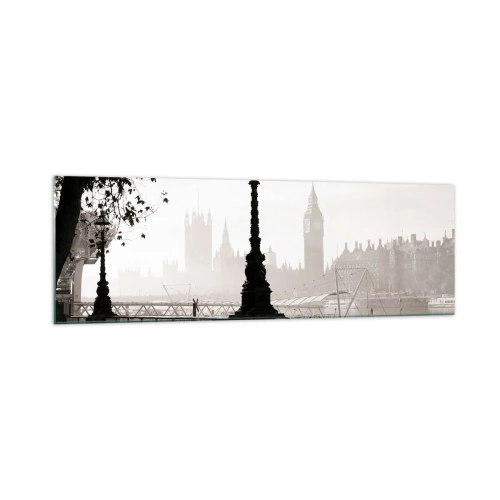 Obraz na szkle - Monochromatyczny widok na Big Ben i Tamizę - 160x50cm - Londyński poranek - Nowoczesna dekoracja ścienna do salonu i sypialni ARTTOR