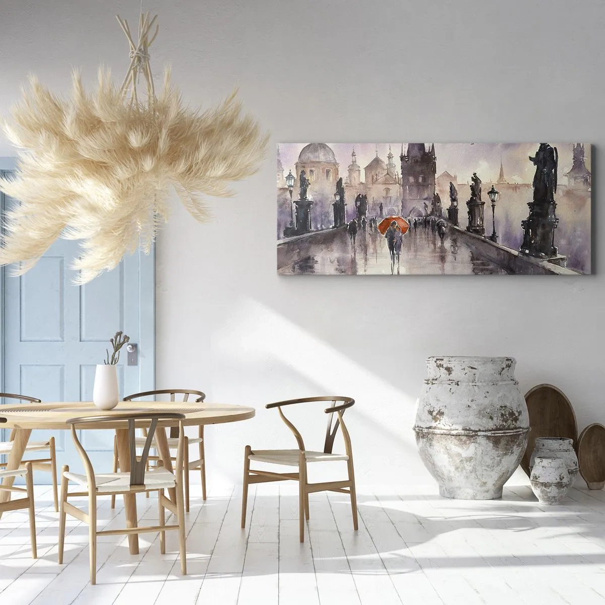 Obraz na płótnie - Romantyczny widok mostu z parasolem na tle wieczornego miasta - 140x50cm - Ludzie się nie zmieniają - Nowoczesna dekoracja ścienna do salonu i sypialni ARTTOR