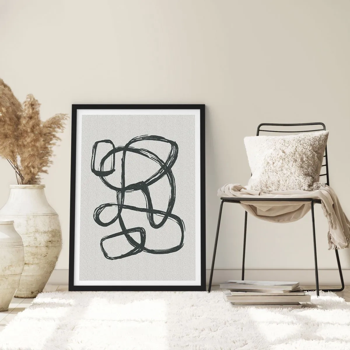 Plakat w czarnej ramie - Zapętlona abstrakcja - Abstrakcyjna czarna linia na jasnym tle - 50x70cm