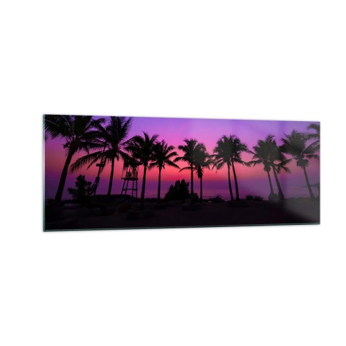 Obraz na szkle - Sylwetki palm na tle różowo-fioletowego nieba o zachodzie słońca - 140x50cm - Wieczór pod palmami - Nowoczesna dekoracja ścienna do salonu i sypialni ARTTOR