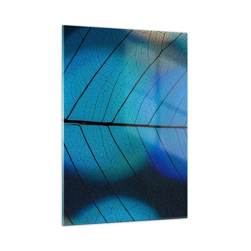 Obraz na szkle - Zbliżenie błękitnego liścia z widoczną strukturą żyłek - 50x70cm - Misterna budowa - Nowoczesna dekoracja ścienna do salonu, kuchni i sypialni ARTTOR